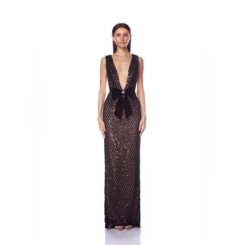 NWOT BRONX AND BANCO Liora Maxi Dress, Elegant Black Sequin Gown, wedding guest